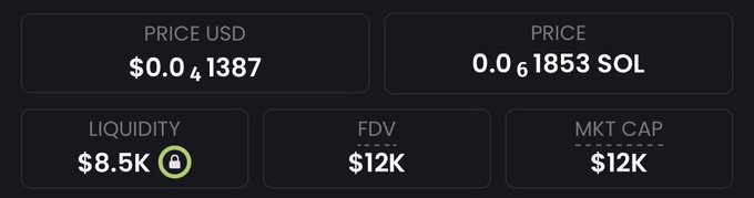 The image shows token statistics including a price of $0.041387 (0.061853 SOL), $8.5K liquidity, and both FDV and market cap at $12K. This appears to be a screenshot from a DEX showing a micro-cap Solana token, which the poster is promoting as a potential 1000x moonshot opportunity.