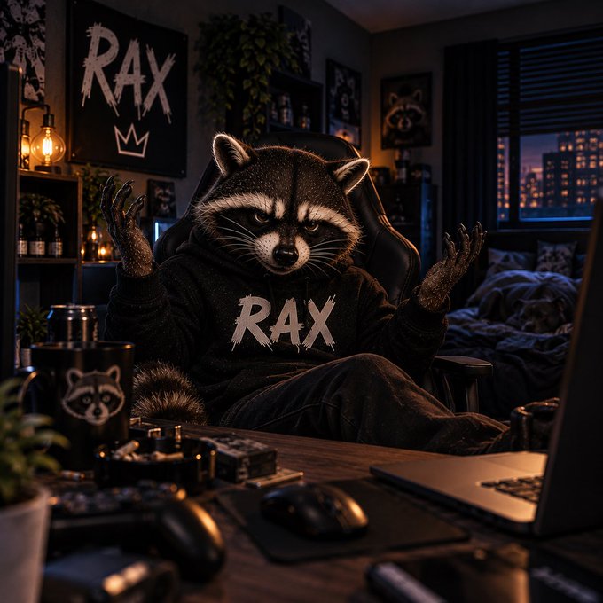 An anthropomorphic raccoon wearing a black "RAX" hoodie sits in a gaming chair with claws raised, in a dark room decorated with RAX posters and a nighttime city view through the window.