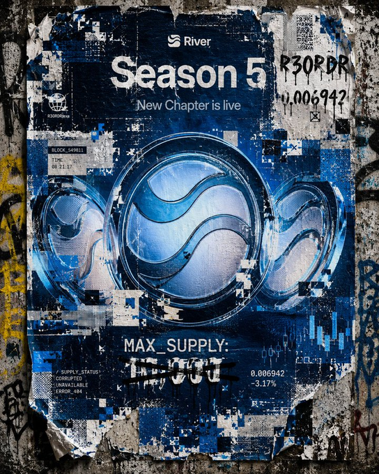 The image features an album cover for "New Chapter Live" by artist River. The cover art displays a blue circle with three white waves inside, accompanied by a logo that reads "Max supply T-shirt". The background of the cover has graffiti elements, giving it a street vibe. The post mentions that the album is in its early stages and has already gained some attention from fans.