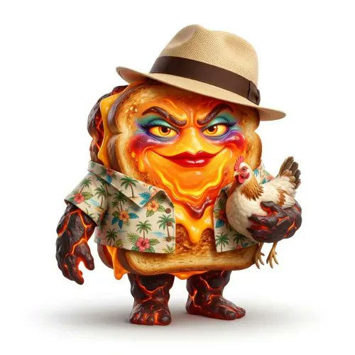 The image features a cartoon character dressed as a sandwich, complete with a hat and holding a chicken. The character's face is painted orange, giving them an evil or menacing appearance. The character is wearing a shirt that has a floral pattern on it. The background of the image is white, which contrasts with the colorful elements of the character's outfit. There are no other objects in the image besides the sandwich and the chicken.