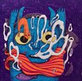 A small, dark, and blurry illustration depicting a stylized blue face with large yellow eyes emerging from red and orange wavy patterns.