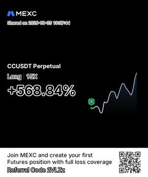 A MEXC promotional image showcasing a CCUSDT Perpetual long position with 15X leverage and a +568.34% gain, featuring a referral code '3VLZ2' and a QR code.