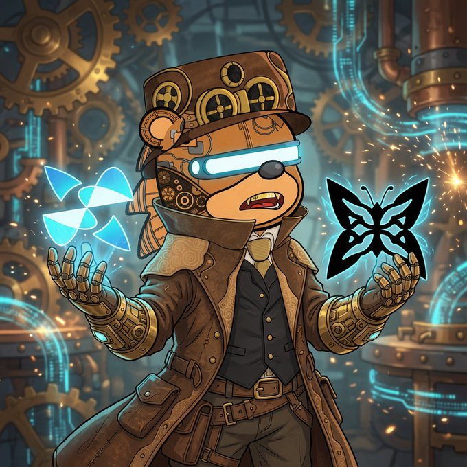 Steampunk-style illustration of a mechanical bear wearing a top hat and trench coat, holding glowing blue symbols in its hands amid gears and sparks.