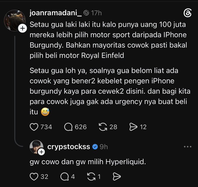 A Threads screenshot shows “joanramadani_” joking that men with Rp100 million would choose a sport motorcycle or Royal Enfield rather than a Burgundy iPhone, while a reply by verified user “cryptstockss” says, “gw cowo dan gw milih Hyperliquid,” linking the post to the “Hyperliquid aligned spotted” caption.