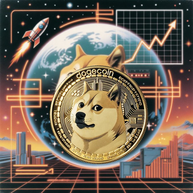 A golden Dogecoin coin featuring the iconic Shiba Inu dog takes center stage against a cosmic backdrop with Earth, a launching rocket, and an upward-trending chart symbolizing the cryptocurrency's potential growth. The text "dogecoin" is clearly visible on the coin, reinforcing its identity in this futuristic, bull-market-themed illustration.