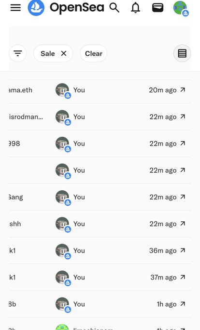 A mobile screenshot of the OpenSea app showing a list of NFT sale notifications with usernames, profile icons, and timestamps ranging from '1h ago' to '37m ago'.
