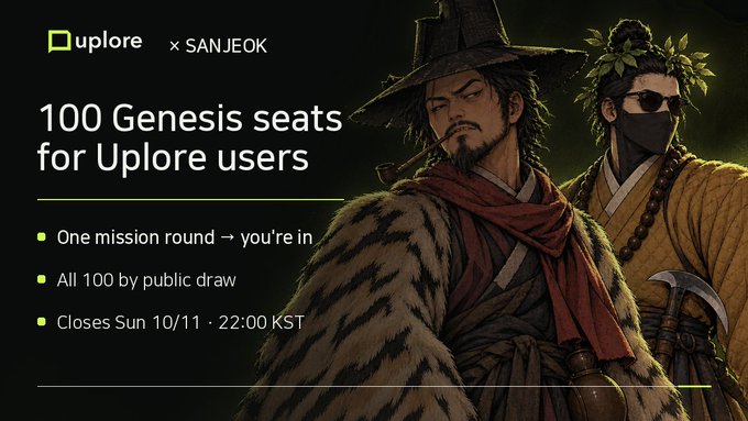 A promotional graphic for 'uplore x SANJEOK' offering '100 Genesis seats for Uplore users' through a public draw, with bullet points noting 'One mission round → you're in' and a closing date of 'Sun 10/11 · 22:00 KST', set against artwork of two characters.