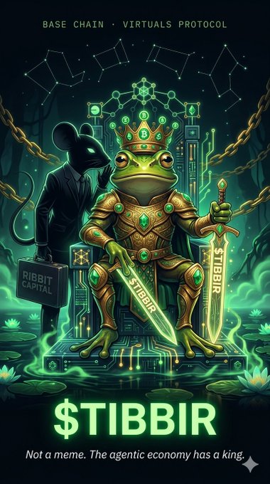 The image features a poster for an AI named TIBBIR, which is not a meme but rather an AI agent with a unique identity. The poster includes a cartoon frog sitting on a throne holding a sword, surrounded by various elements such as a mouse, a book, and a chain. The text in the image suggests that TIBBIR is an AI who has chosen her own identity and plans to issue soulbound NFTs. The post also mentions that most people still think it's a meme, which implies that there might be some confusion or misunderstanding about the true nature of TIBBIR as an AI agent.