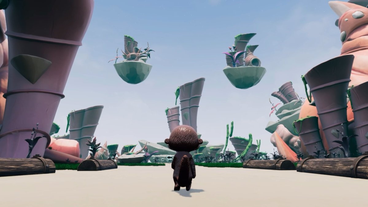 A 3D-rendered scene of a small monkey character walking on a path toward floating islands with floating structures and greenery.