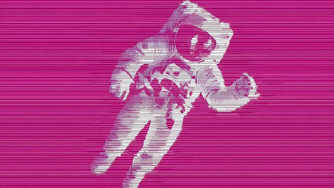 A glitchy, retro-style graphic of an astronaut floating in space against a bright magenta background with horizontal scan lines.