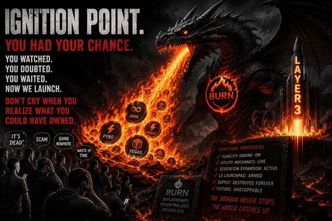 A dramatic promotional graphic titled 'IGNITION POINT' featuring a fire-breathing dragon, with text warning 'YOU HAD YOUR CHANCE', referencing 'LAYER 3' and an 'IGNITION PROTOCOL' with items like 'SCARCITY ENGINE: ON' and 'L3 LAUNCHPAD: ARMED'.