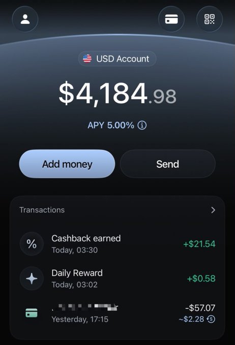 The image shows a digital wallet interface displaying a USD Account balance of $4,184.98 with a 5.00% APY, along with recent transactions including a $21.54 cashback earned and a $0.58 daily reward, illustrating the cashback rewards earned from testing the EthenaPay service.