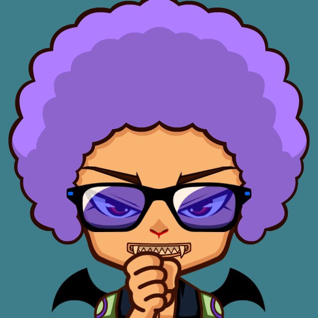 A cartoon-style avatar of a character with a large purple afro, dark sunglasses with purple lenses, and a clenched fist showing a slightly annoyed expression.