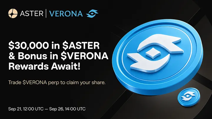 A promotional banner for ASTER | VERONA advertising '$30,000 in $ASTER & Bonus in $VERONA Rewards Await!' from Sep 21, 12:00 UTC to Sep 26, 14:00 UTC.