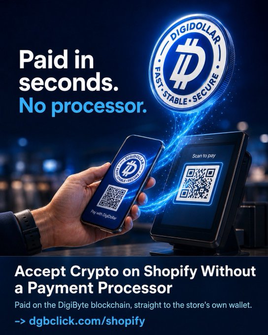 Promotional ad for DigiDollar showing a hand holding a phone with a QR code being scanned by a payment terminal, with text 'Paid in seconds. No processor.' and 'Accept Crypto on Shopify Without a Payment Processor' at dgbclick.com/shopify.