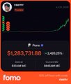 A mobile app screenshot from 'fomo' displaying a crypto token called 'THANOS' with a price of $1,283,731.88, showing market cap of $320,045,967 and a positive 24.25% change.