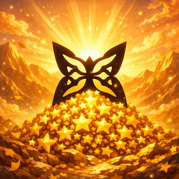 The image features a large pile of gold stars scattered across a mountain landscape with a butterfly-shaped golden trophy sitting atop them. The sun is shining brightly behind the mountains, creating a warm glow that illuminates the scene. The text "good evening everyone Quantum stopped being a distant sci-fi narrative the moment crypto started preparing for it" suggests that this image might be related to cryptocurrency or blockchain technology.