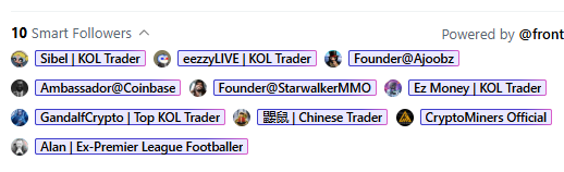 A list of 10 Smart Followers featuring usernames like 'Sibel | KOL Trader', 'eeezyLIVE', and 'Founder@Ajoobz', powered by 'front'.
