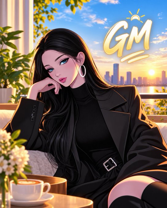 An anime-style illustration of a black-haired woman in a black turtleneck and blazer sitting by a window with coffee, featuring 'GM' (Good Morning) text and a city skyline at sunrise.