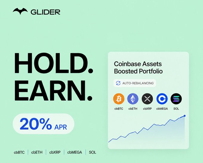 In the image, a screenshot of a trading platform called "glider" that has been featured in an advertisement is shown. The advertisement promotes Coinbase Assets, such as Bitcoin, and emphasizes the potential benefits of holding these assets rather than earning yield directly from them due to its auto-rebalancing feature.