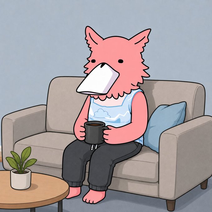 A cartoon illustration of a pink anthropomorphic wolf-like character with a square white nose sitting on a gray couch holding a mug of coffee.