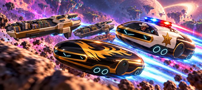 A vibrant sci-fi illustration depicting futuristic flying vehicles including a police cruiser and sleek golden ships navigating through a purple asteroid field in space with a large planet in the background.
