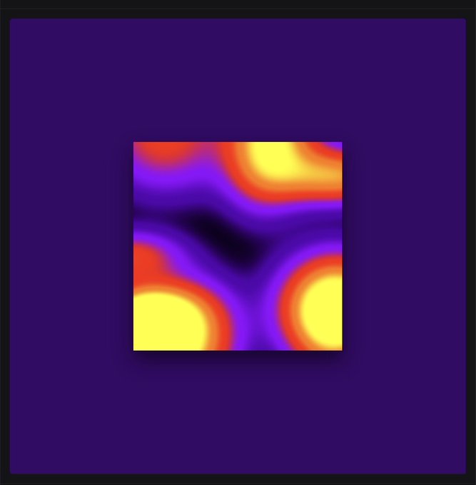 A vibrant square digital artwork featuring swirling patterns of yellow, orange, red, and purple with a dark center, displayed against a solid purple background.
