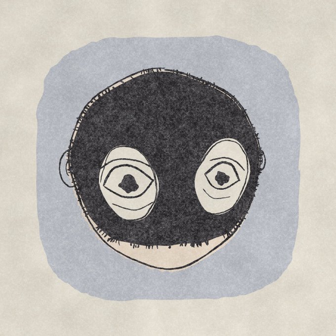 A whimsical illustration of a round, fuzzy character with a black mask covering its face, featuring large expressive eyes set against a watercolor-style blue background.