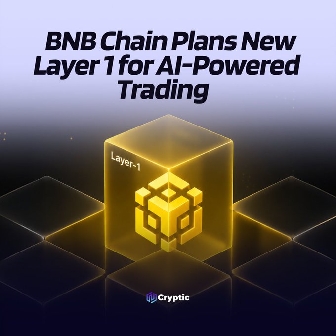 A promotional graphic from "Cryptic" featuring a glowing golden 3D cube labeled "Layer-1" with the BNB Chain logo, accompanied by the headline "BNB Chain Plans New Layer 1 for AI-Powered Trading." The image visually represents the accompanying post's announcement about BNB Chain developing a new high-performance Layer 1 blockchain designed for AI-driven agentic trading.