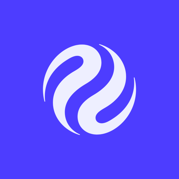 A white swirling, yin-yang-like logo displayed on a solid purple background.