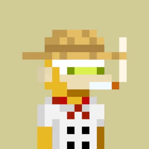 A pixel art portrait of a character wearing a straw hat, sunglasses, and a white shirt with a red bowtie against a beige background.