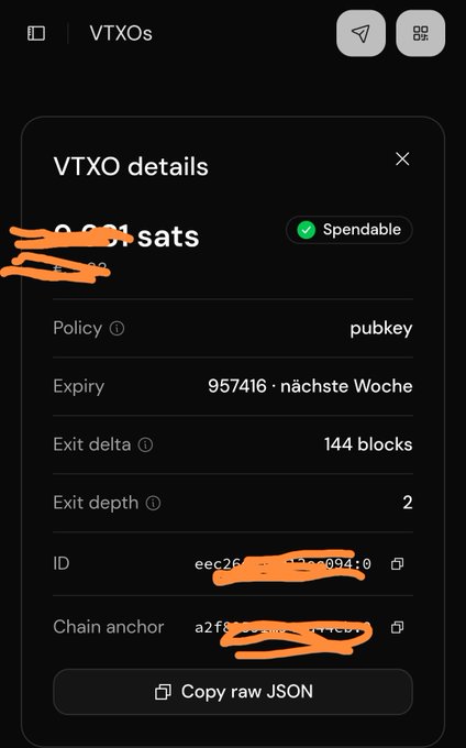 A screenshot of a VTXO details screen in a Bitcoin Lightning wallet showing policy "pubkey", expiry block 957416 ("nächste Woche"), exit delta 144 blocks, exit depth 2, with sensitive values scribbled out in orange.