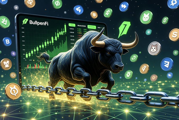 A digital illustration featuring a black bull with chains, a BullpenFi trading chart, and various cryptocurrency coin icons floating in a glowing green environment.