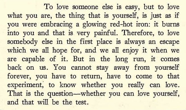 A philosophical text excerpt discussing the difficulty of self-love, comparing it to embracing a red-hot iron, and stating that loving oneself is the ultimate test.