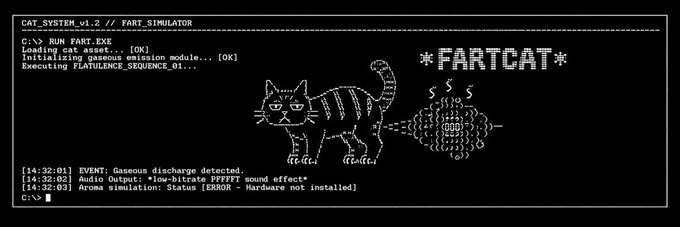 An ASCII art computer interface titled 'FARTCAT v1.2 // FART_SIMULATOR' depicting a cat emitting flatulence sound waves, with error messages at the bottom.