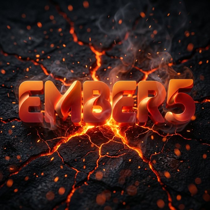 A 3D rendered image with the word "EMBER5" in fiery orange-red letters set against a dark, cracked volcanic surface with glowing lava and embers.