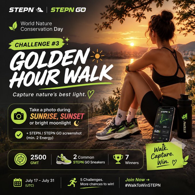 STEPN / STEPN GO promotional poster for 'Challenge #3 Golden Hour Walk' celebrating World Nature Conservation Day, offering 2500 GMT, 2 Common STEPN GO Sneakers, and 7 Winners from July 17 - July 31.