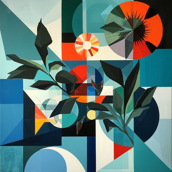 An abstract geometric painting featuring stylized dark leaves against a colorful background of teal, red, blue, white, and orange shapes.