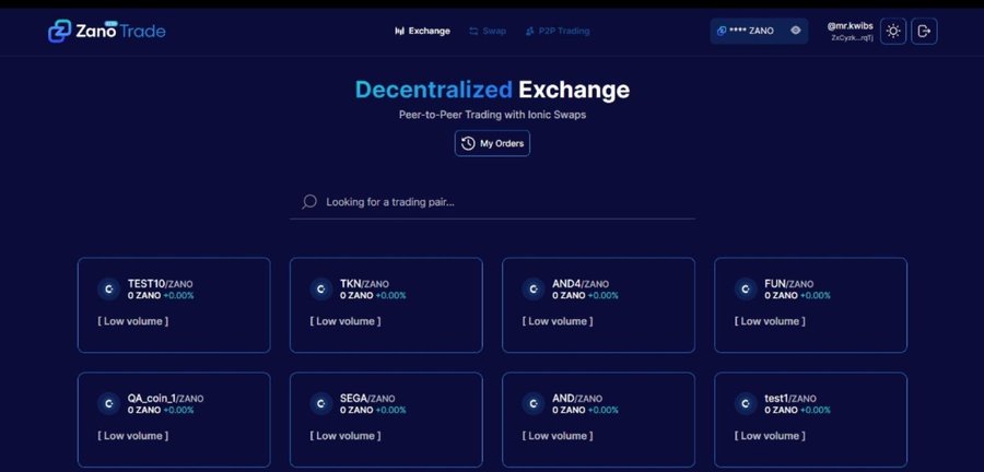 Screenshot of the ZanoTrade Decentralized Exchange interface showing peer-to-peer trading pairs with various cryptocurrencies including TEST10, TKN, AND4, FUN, QA_coin, SEGA, and test1, all paired against ZANO with low volume.
