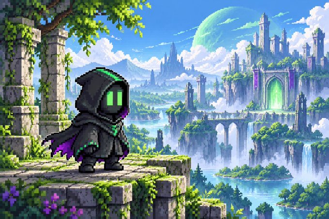 A pixel-art fantasy scene shows a hooded character overlooking a sprawling castle landscape with towers, bridges, waterfalls, and a large planet or moon in the sky.