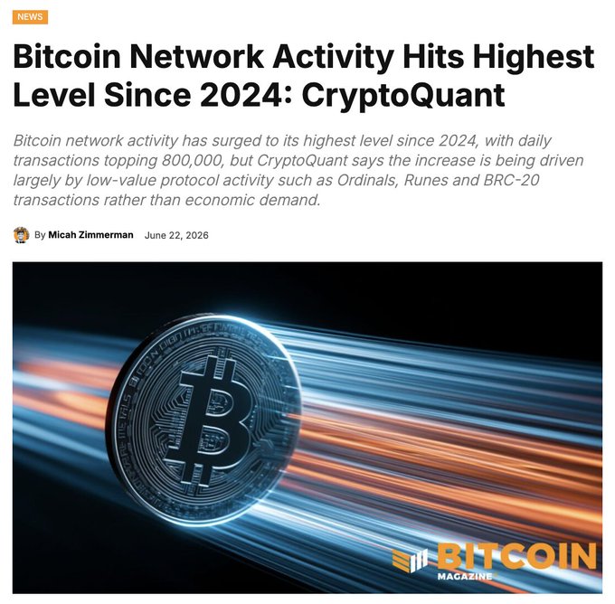The image shows a coin with blue and orange streaks, which appears to be floating or moving through the air. The text above the coin reads "Bitcoin Network Activity Hits Highest Level Since 2014: Cryptoquant". This suggests that Bitcoin network activity is at its highest level since 2014, possibly indicating increased interest in Bitcoin as an investment or currency.