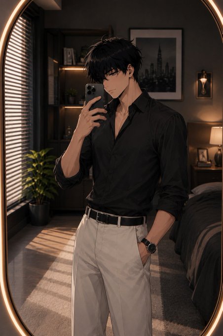 An anime-style digital illustration of a dark-haired man in a black shirt and beige pants taking a mirror selfie with a smartphone in a modern room.
