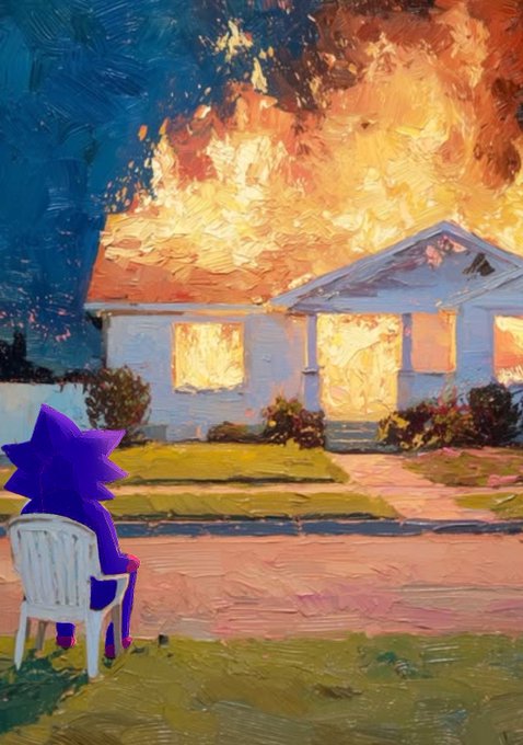 A cartoon character in a purple spiky suit sits in a white lawn chair, calmly watching a house burn down, symbolizing resilience. The image visually represents the statement "we can stay choggish longer than you can stay bearish."