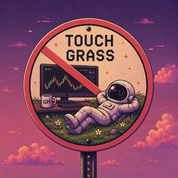 A digital illustration of a circular sign with a red border and slash, displaying the text 'TOUCH GRASS', depicting an astronaut lying on grass next to a computer monitor showing a financial chart and a 'GM' mug, set against a purple sky.