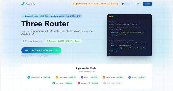 The image shows the Three Router homepage promoting DeepSeek, Qwen, Kimi, and GLM models at "just 1/33 of GPT" prices, with a $10/330M free tokens offer for new users, matching the post's signup promotion. A code snippet on the right demonstrates integrating the API via OpenAI compatibility, and the bottom displays supported models including deepseek-v3-pro, minimax-m1, kimi-k1.5, qwen3.0-max, and glm-5.3.