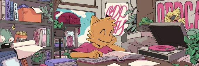 This image depicts an anthropomorphic cat reading a book, with a prominent "ODDCATS" sign in the background, hinting at a giveaway promotion. The artwork showcases elements like books labeled "DOODS4EVA" and "NFT4DOODS," aligning with the giveaway's theme.