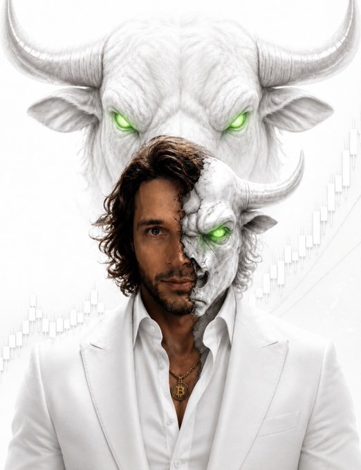 A man in a white suit with a Bitcoin necklace wears a half-bull mask with glowing green eyes, mirroring the post's bullish conviction message and the ticker $TBB associated with @GoingParabolic.