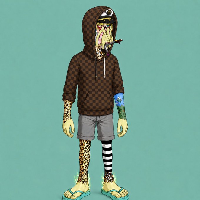 A cartoon illustration of a disheveled character wearing a brown checkered hoodie, gray shorts, and mismatched socks/sandals, with tattooed skin, leopard print patterns, and a dripping face mask.