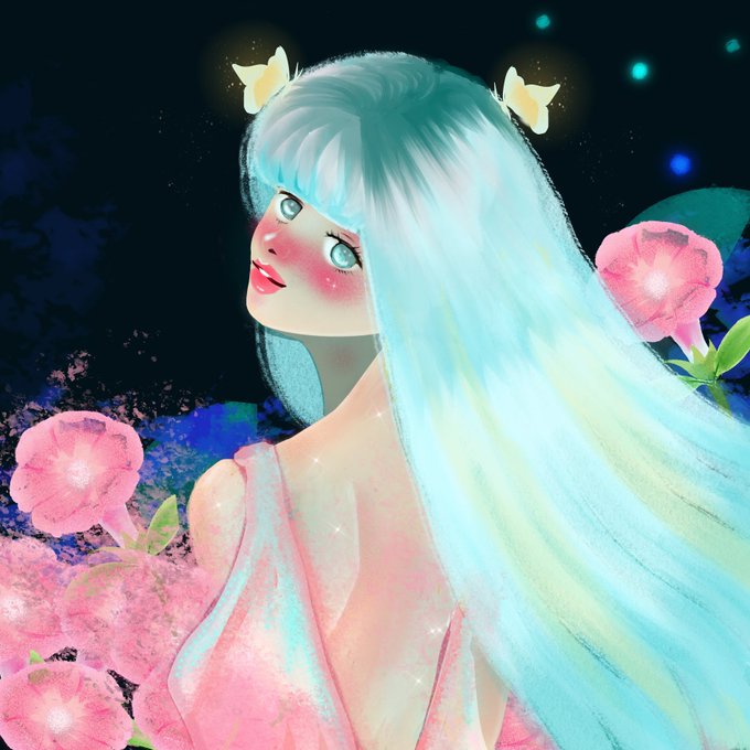 A digital illustration of a girl with long, flowing light blue hair, rosy cheeks, and small yellow butterflies in her hair, surrounded by pink flowers against a dark, starry background.