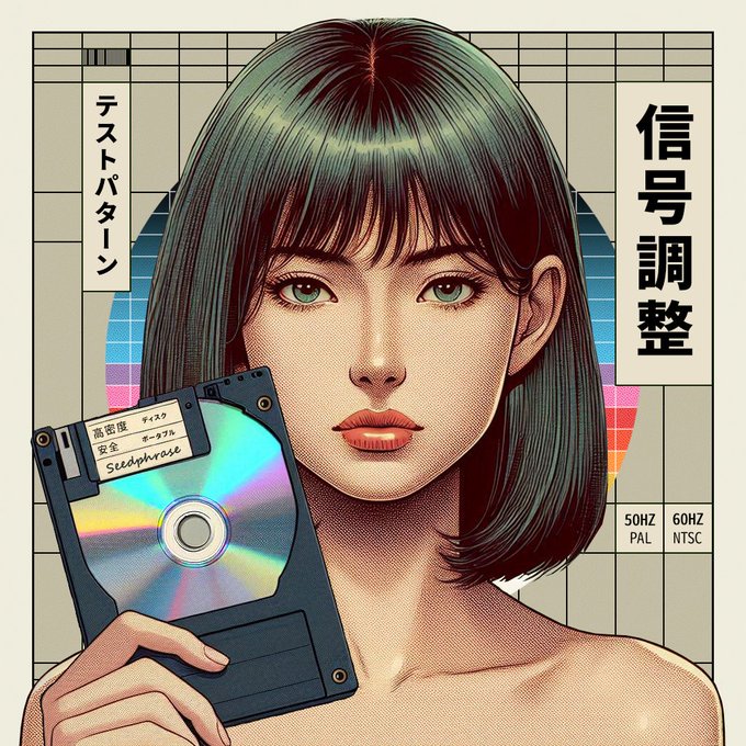 A retro-style Japanese illustration of a dark-haired woman holding a floppy disk labeled 'Steelphrase', with Japanese text including '信号調整' (Signal Adjustment) and 'テストパターン' (Test Pattern) on the sides.